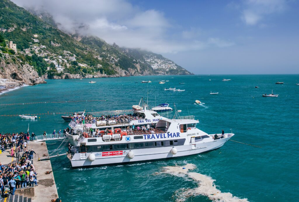 Ferry boats at the jetty, Positano, Amalfi Coast, Gulf of Salerno, Campania, Southern Italy, Italy