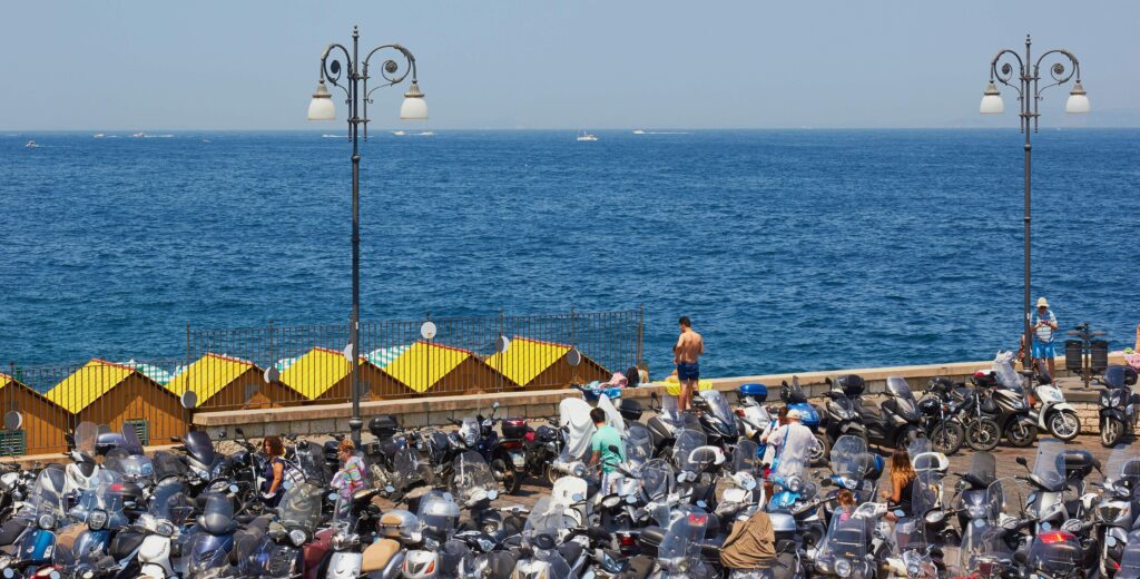 Scooters parked above the on the Amalfi Coast Campania Italy Europe